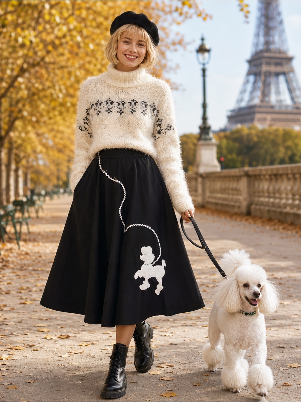 Vintage 1950s-Style Black Poodle Circle Midi Cotton Skirt – Size S